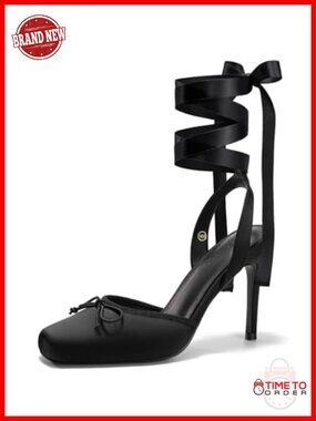 Satin Ballet High Heels Square Toe Lace Up Bow Pumps